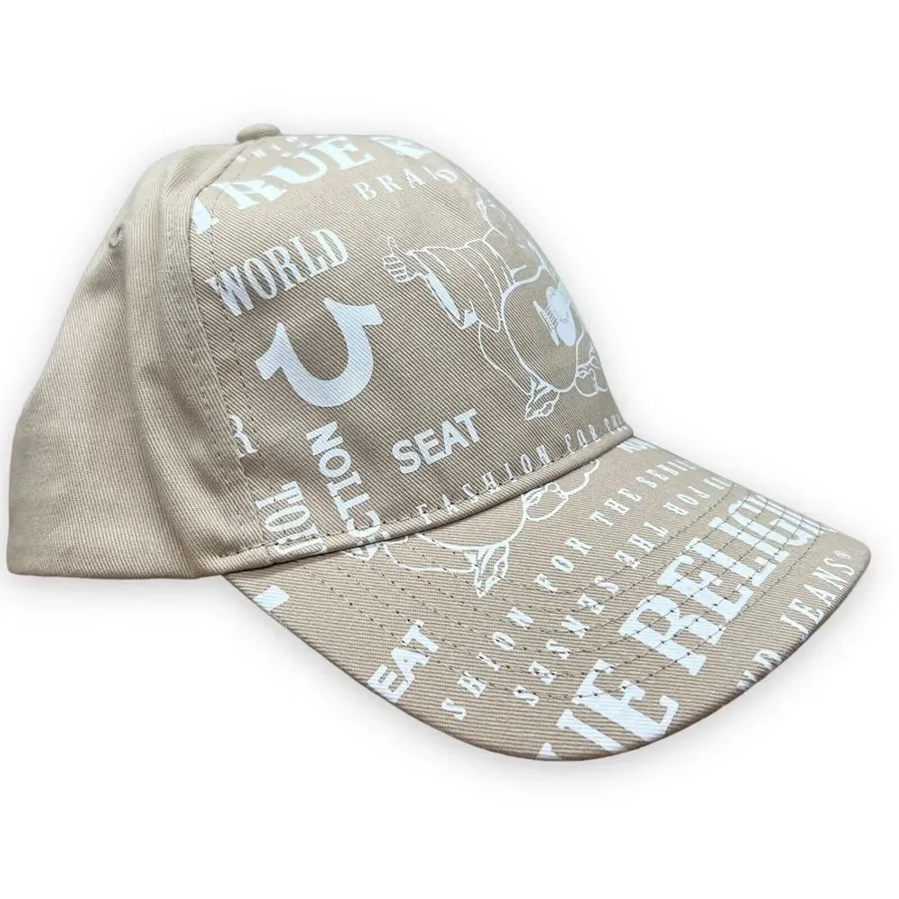 True Religion Buddha Trucker Hat Tan All Over Print‎ Cap Logo Snapback